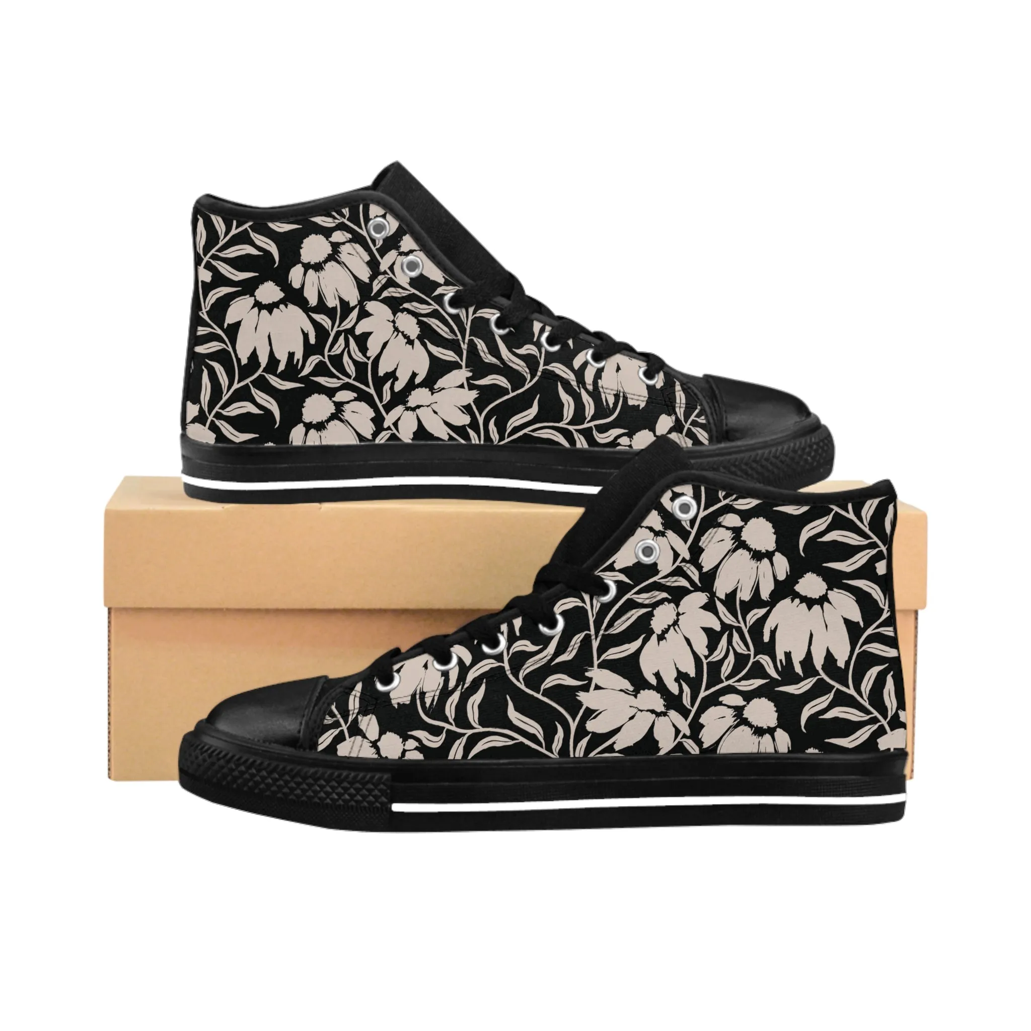 Abstract Black Flowers Women's Classic Sneakers