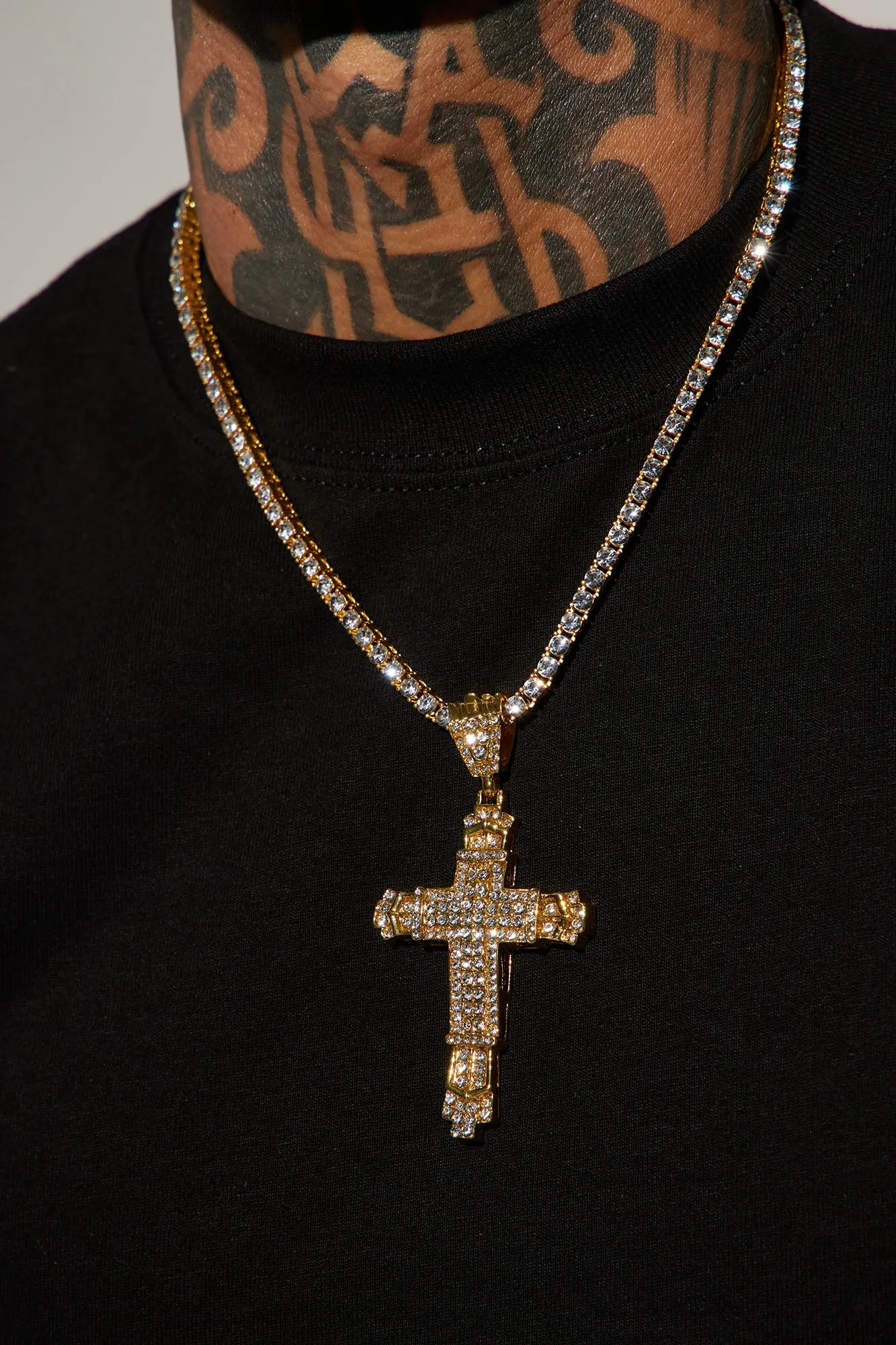 Big Holy Cross Tennis Chain Necklace - Gold