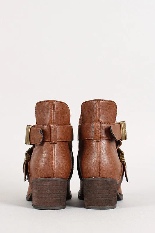 Breckelle Double Buckle Criss Cross Round Toe Cutout Booties