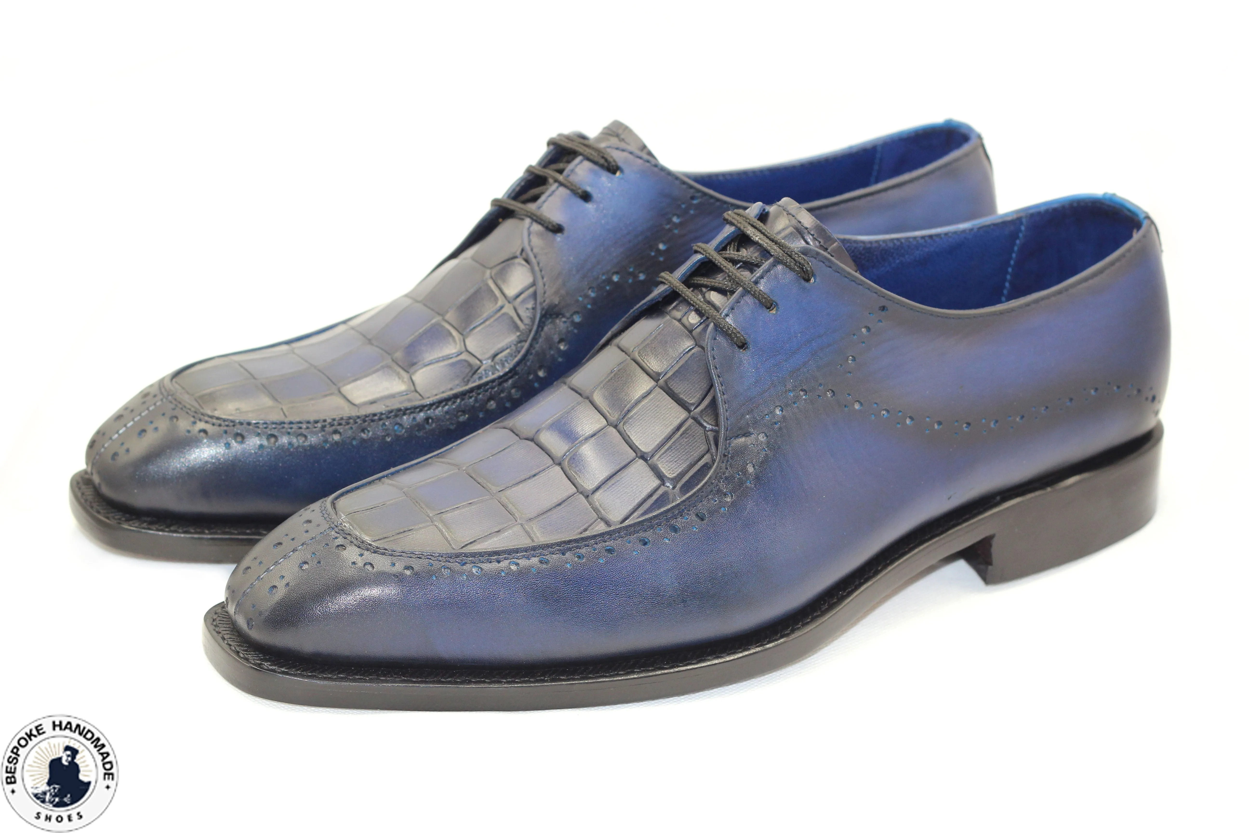 Buy Handmade Men's Lace Up Blue Crocodile Texture Leather Formal Dress Shoes