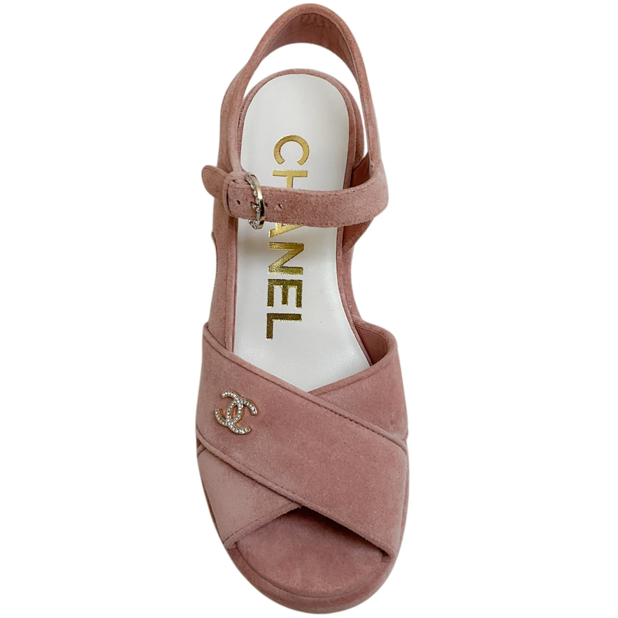 Chanel Light Pink Suede Criss Cross Wedge Sandals