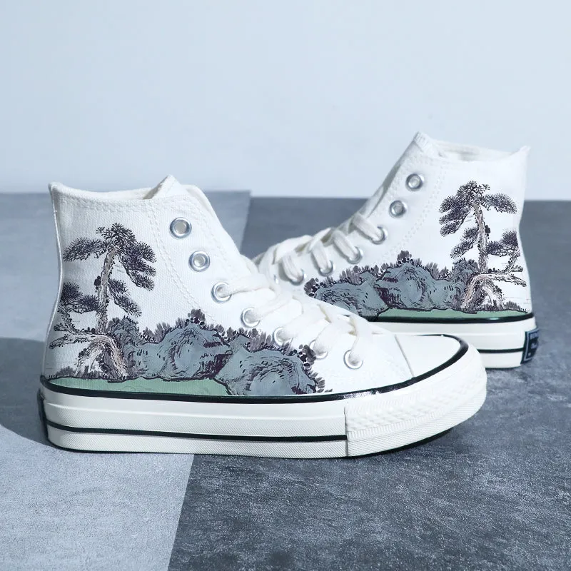 Chinese Style Canvas Shoes Retro Landscape Painting Lotus Pond Bamboo Forest Student High-top Board Shoe