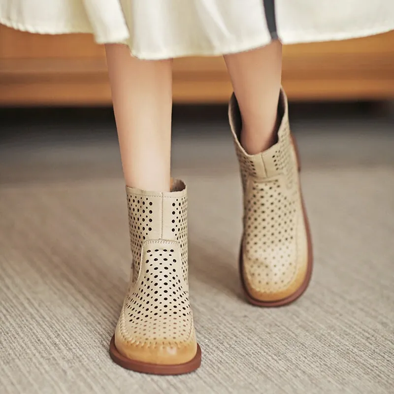 Cut Out Summer Boots Breathable Perforated Short Boots in Apricot/Coffee