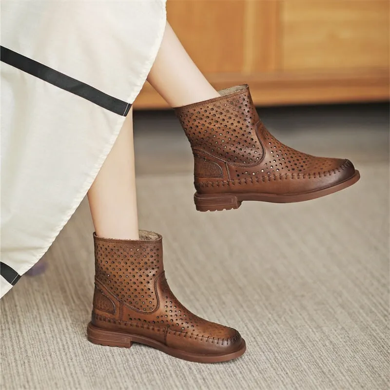 Cut Out Summer Boots Breathable Perforated Short Boots in Apricot/Coffee