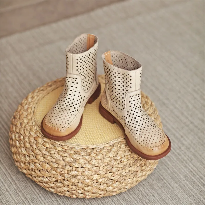 Cut Out Summer Boots Breathable Perforated Short Boots in Apricot/Coffee