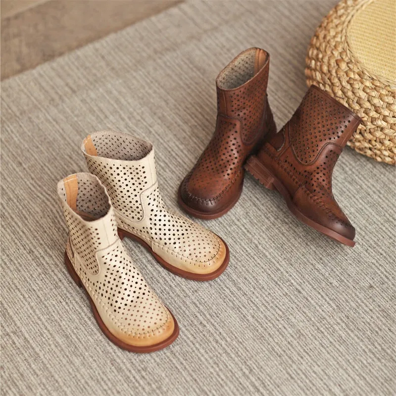 Cut Out Summer Boots Breathable Perforated Short Boots in Apricot/Coffee