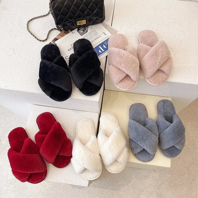 Fashionable Cross-Strap Simple Solid Color Plush Warm Bedroom Slippers Shoes