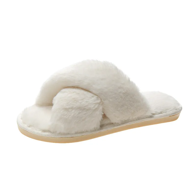 Fashionable Cross-Strap Simple Solid Color Plush Warm Bedroom Slippers Shoes