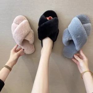 Fashionable Cross-Strap Simple Solid Color Plush Warm Bedroom Slippers Shoes