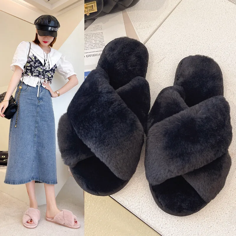 Fashionable Cross-Strap Simple Solid Color Plush Warm Bedroom Slippers Shoes