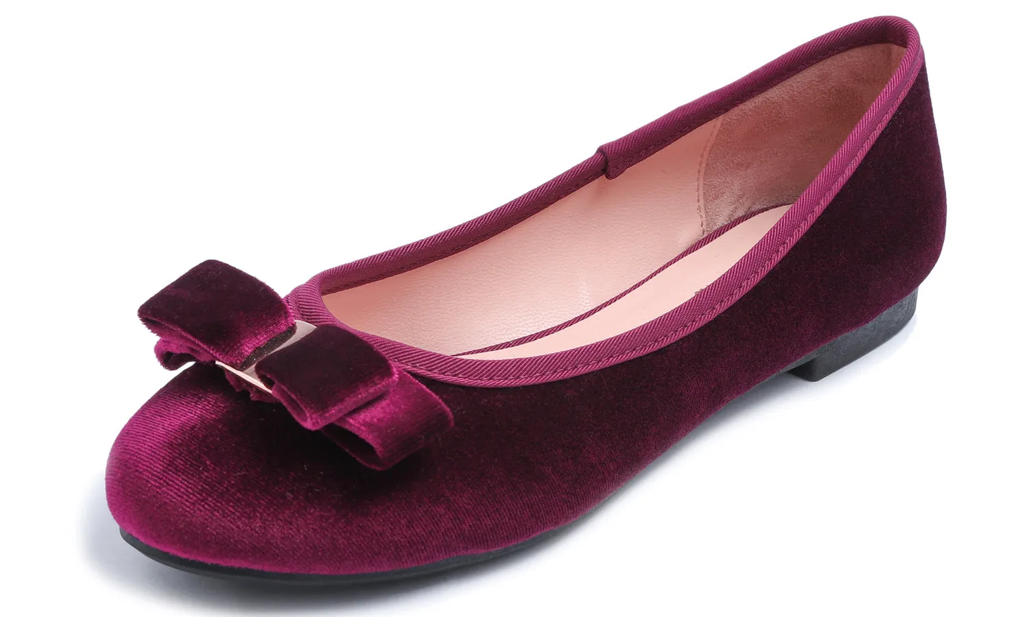 Feversole Women's Round Toe Cute Bow Trim Ballet Flats Burgundy Red Velvet Metal Buckle