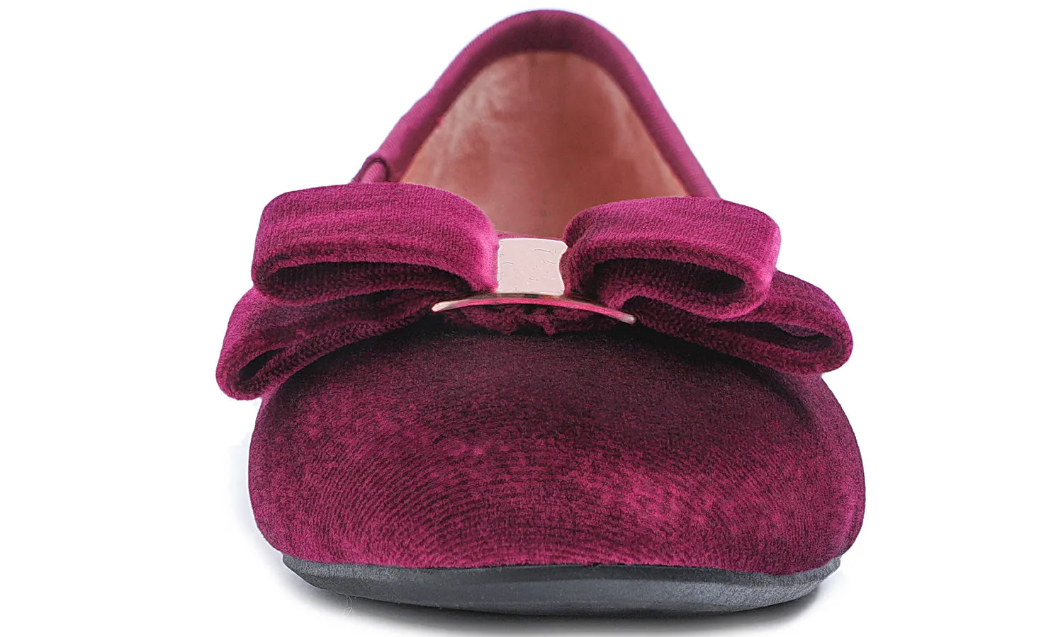 Feversole Women's Round Toe Cute Bow Trim Ballet Flats Burgundy Red Velvet Metal Buckle