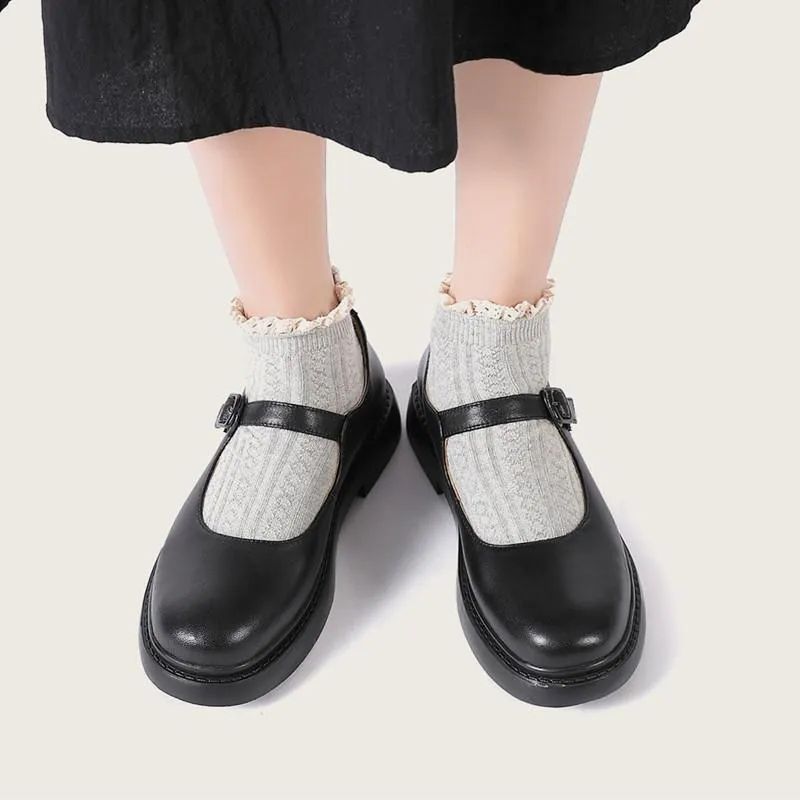 Full Grain Leather Flat Mary Jane Shoes Handmade Round Toe Japanese style Black Movable Insole