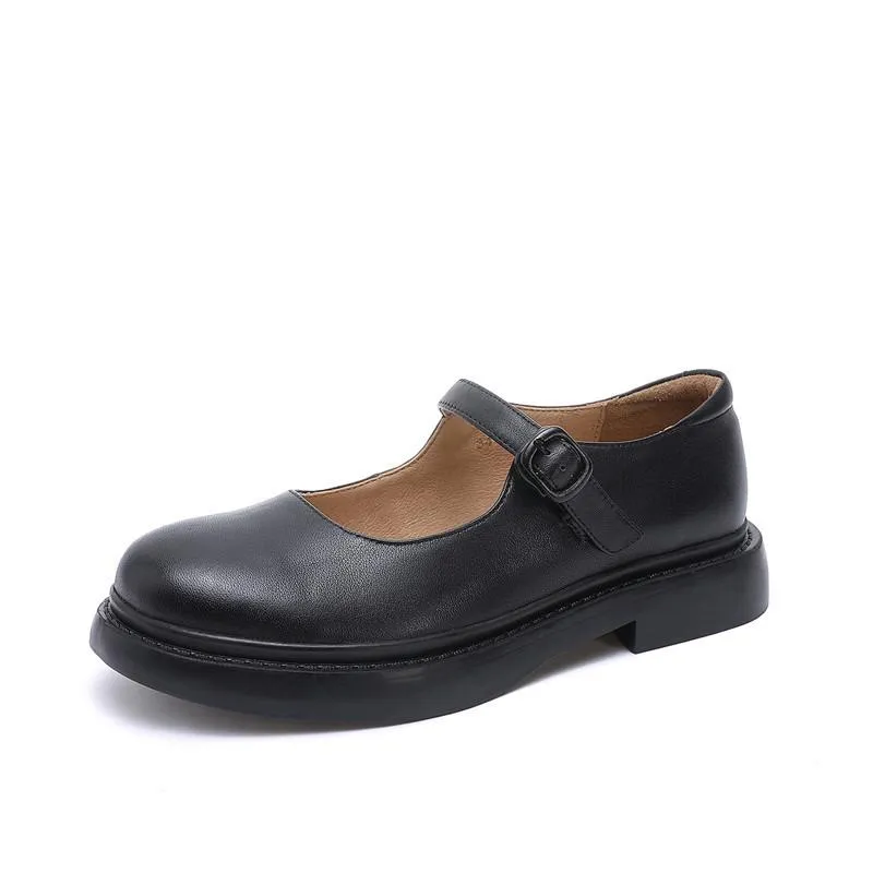 Full Grain Leather Flat Mary Jane Shoes Handmade Round Toe Japanese style Black Movable Insole