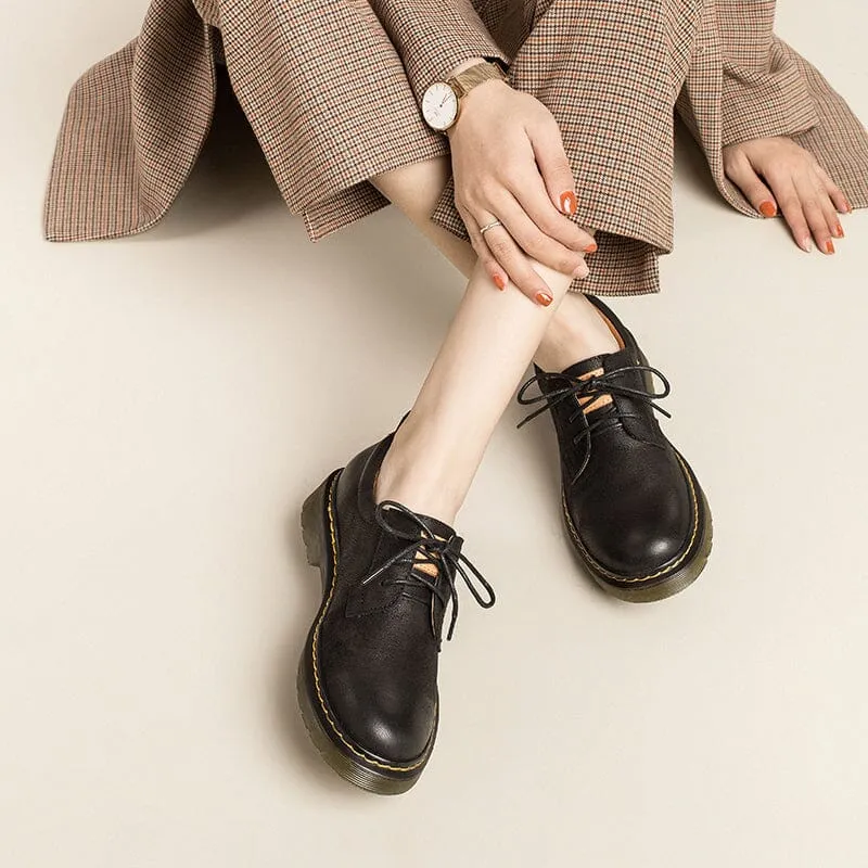 Handmade Full Grain Leather Lace Up Oxfords For Women Martin Sole In Coffee/Black