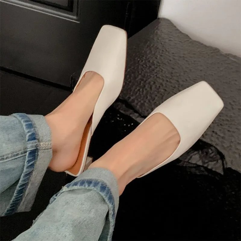 Handmade Leather Mules Slippers Mid Heel Pumps In Beige/Green