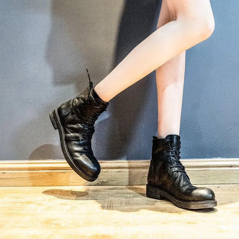 Horse Leather Oxford Boots For Women Sweet and Cool Ankle Boots in Black