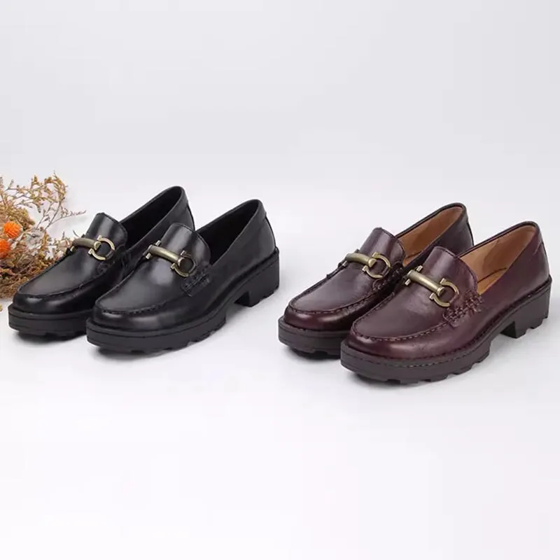 Horsebit-detailed Handmade Leather Platform Loafers For Women In Black/Brown/Coffee/Wine Red