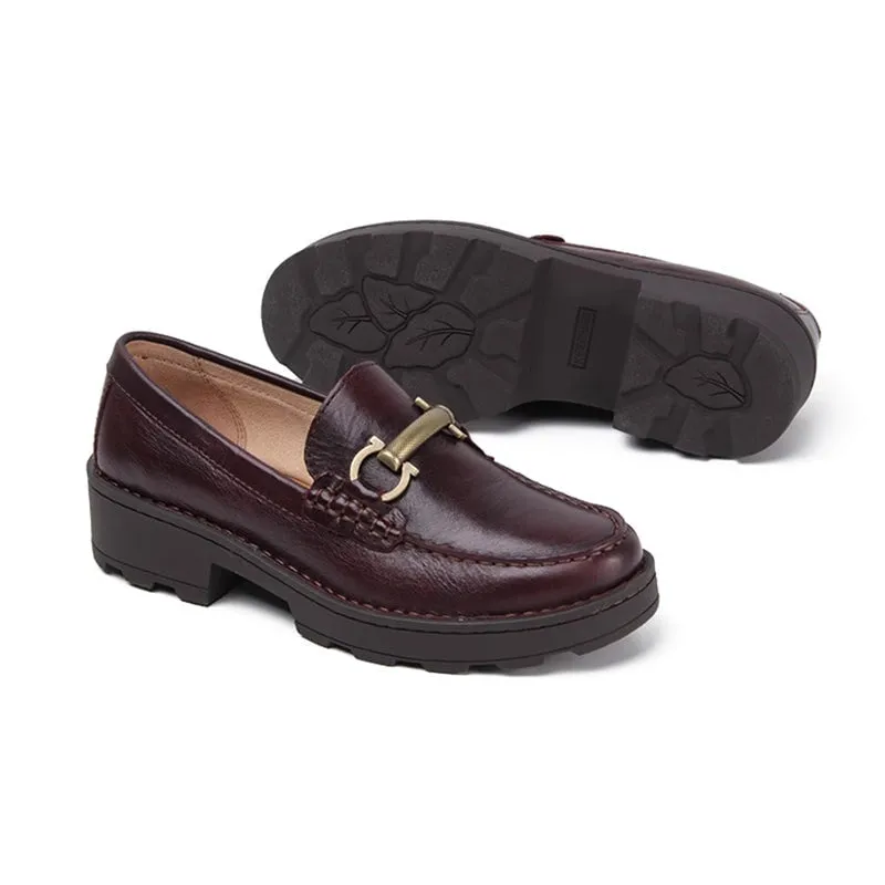 Horsebit-detailed Handmade Leather Platform Loafers For Women In Black/Brown/Coffee/Wine Red