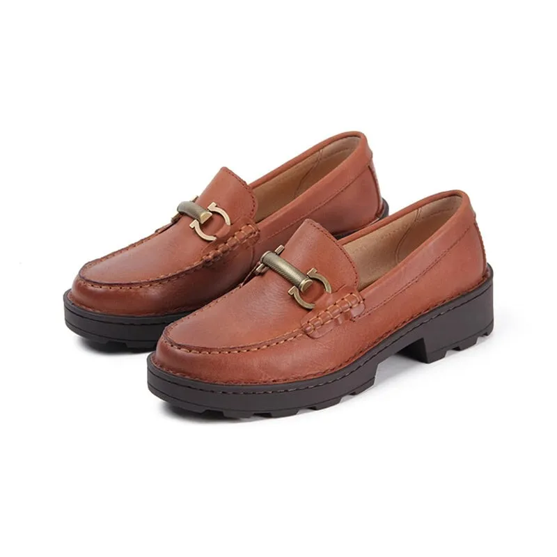 Horsebit-detailed Handmade Leather Platform Loafers For Women In Black/Brown/Coffee/Wine Red