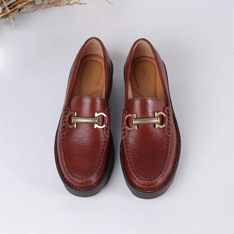 Horsebit-detailed Handmade Leather Platform Loafers For Women In Black/Brown/Coffee/Wine Red