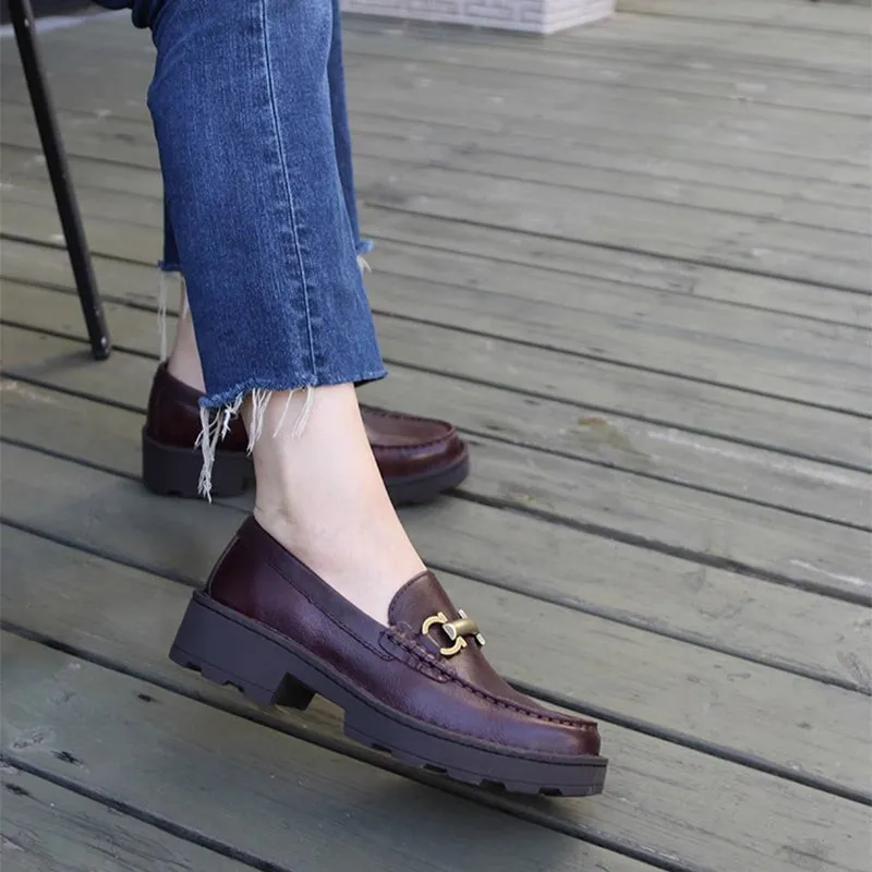 Horsebit-detailed Handmade Leather Platform Loafers For Women In Black/Brown/Coffee/Wine Red