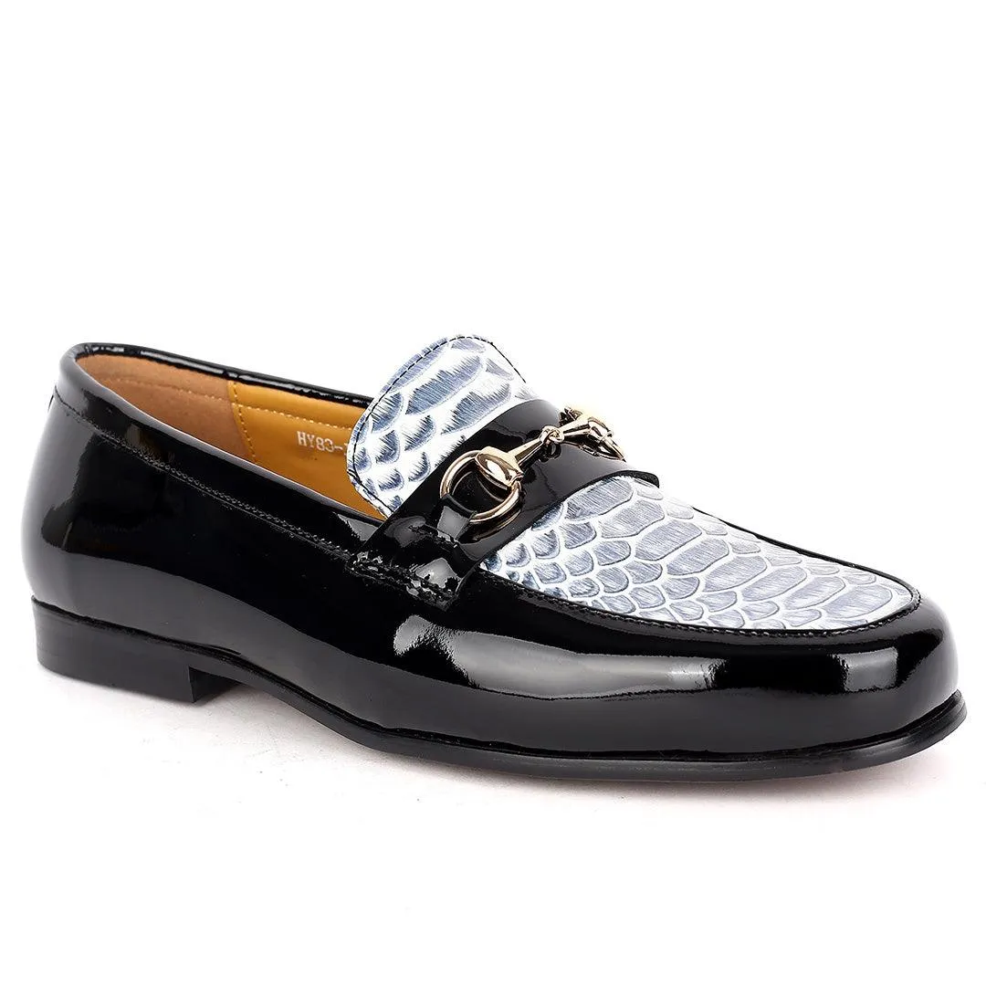 J.M Weston Elegant Black Glossy Loafers Shoe With Croc  Designed Top