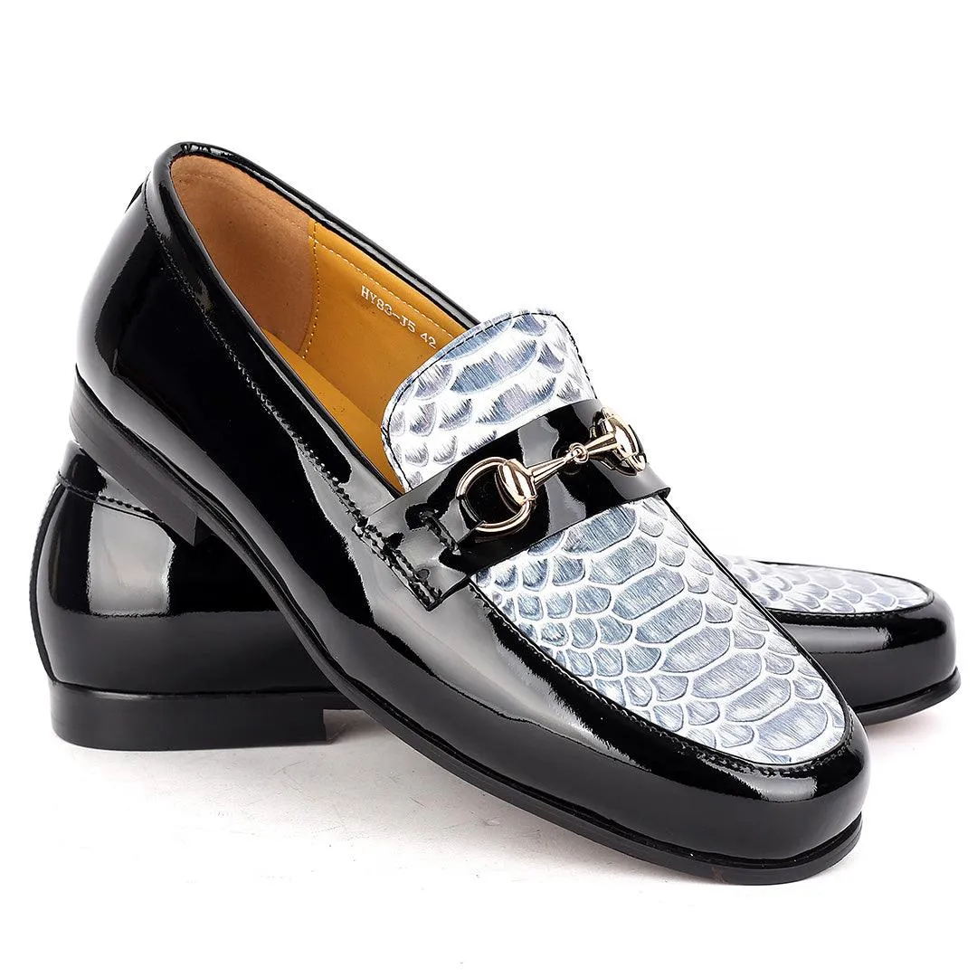 J.M Weston Elegant Black Glossy Loafers Shoe With Croc  Designed Top