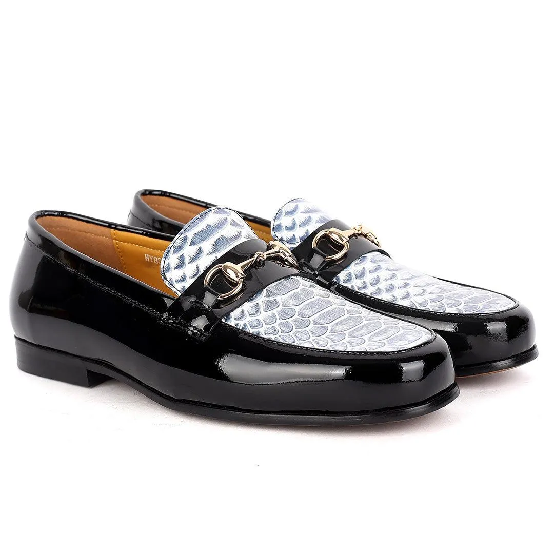 J.M Weston Elegant Black Glossy Loafers Shoe With Croc  Designed Top