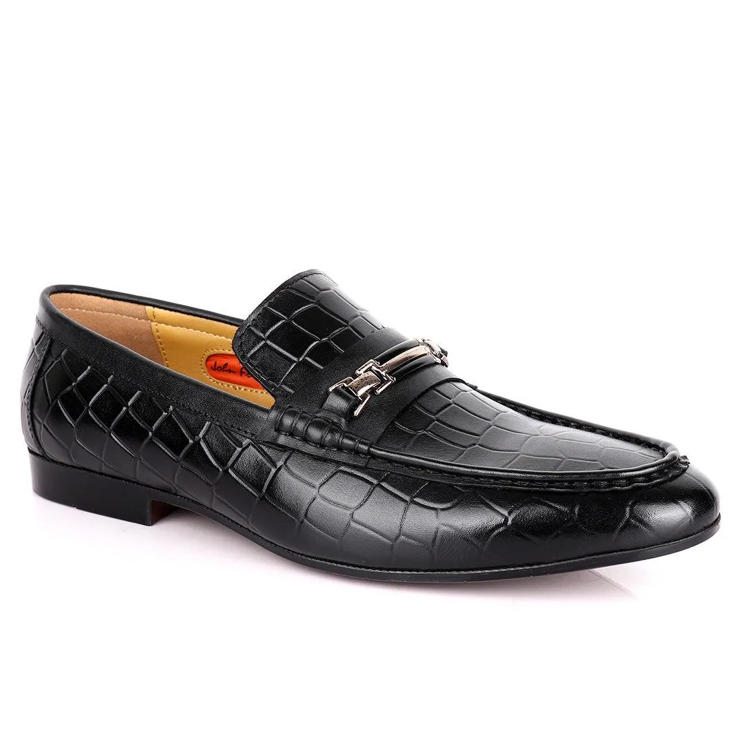 John Foster Full Crocodile Leather With Simple Chain Designed Men's Shoe-Black