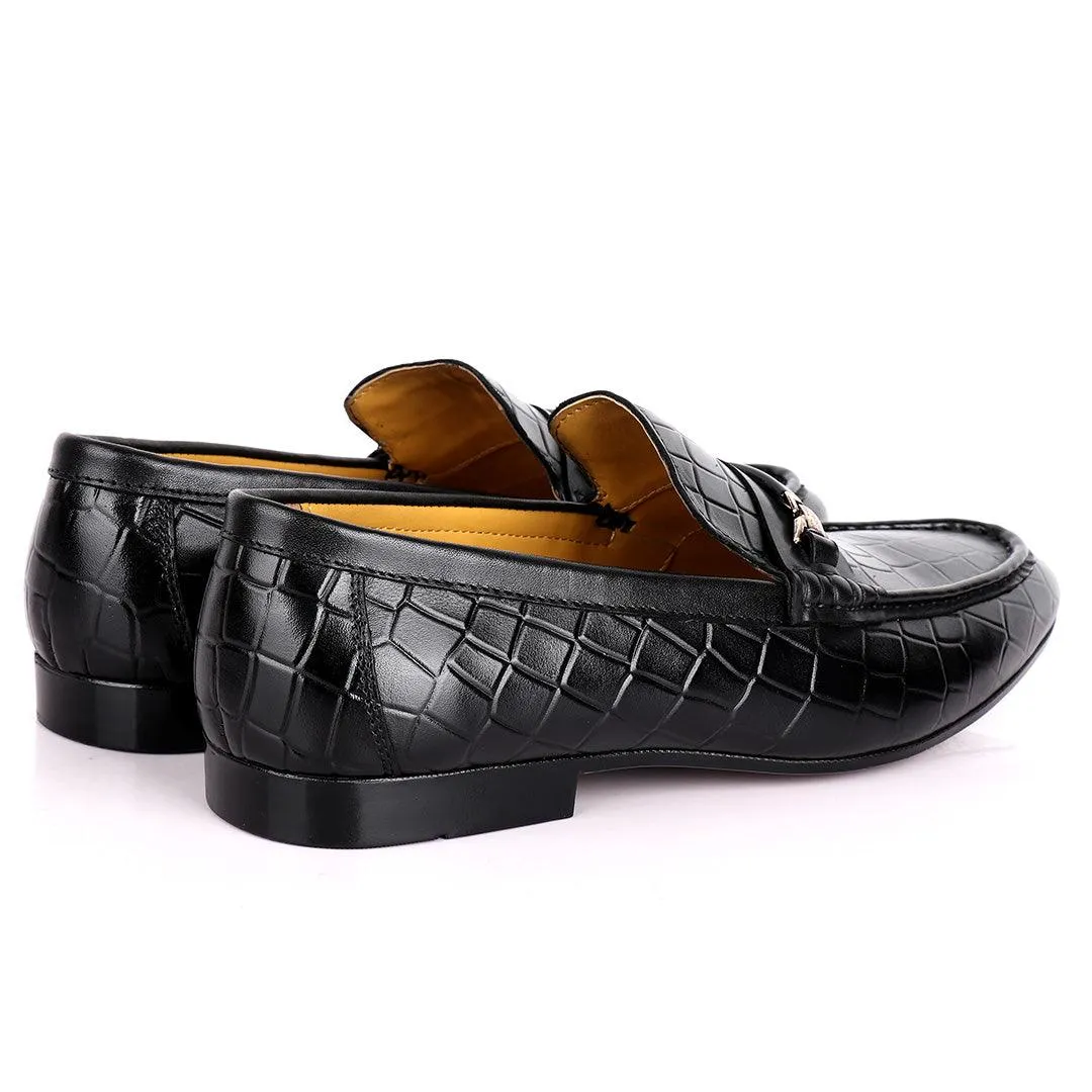 John Foster Full Crocodile Leather With Simple Chain Designed Men's Shoe-Black