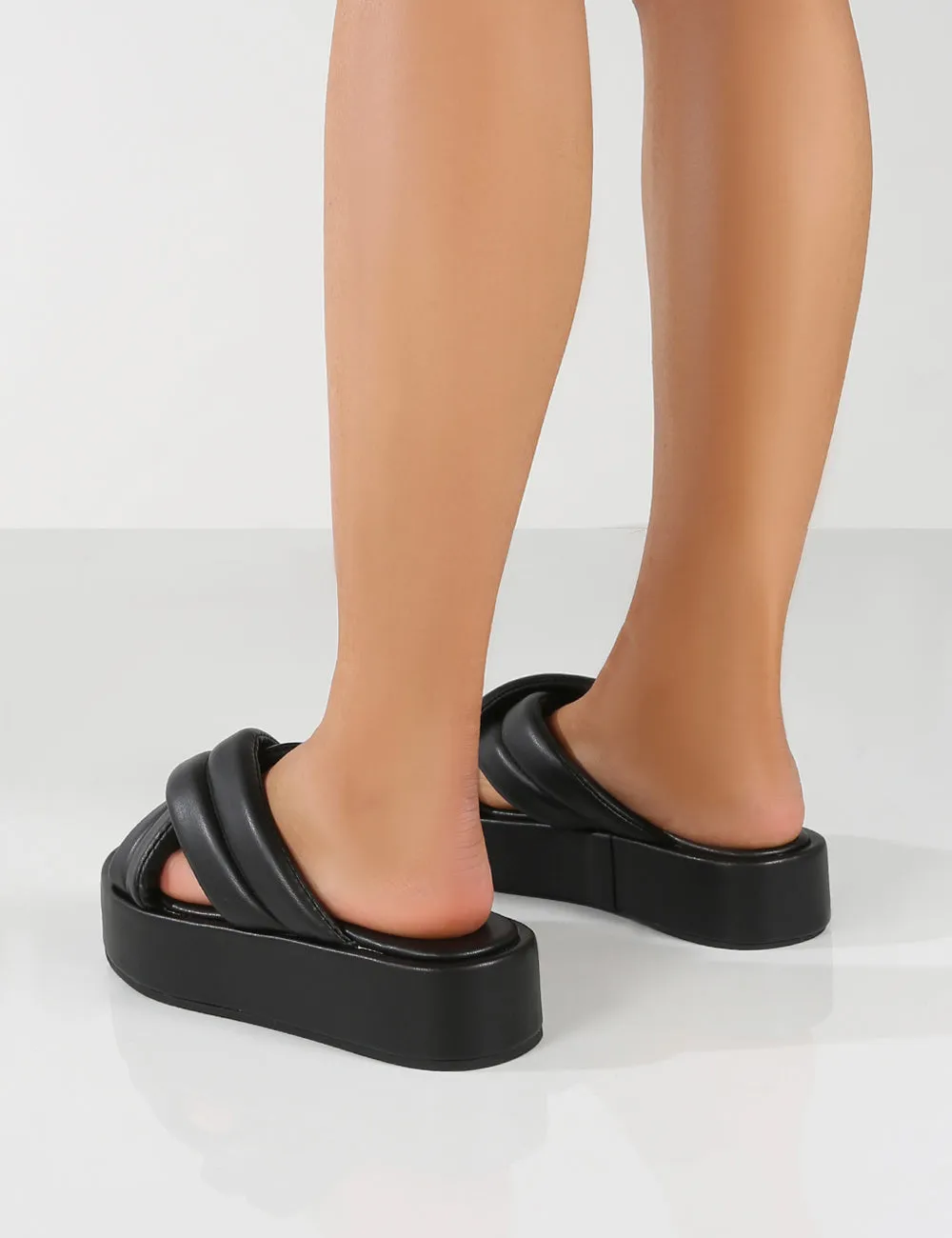 Kyla Wide Fit Black PU Padded Cross Over Sandals