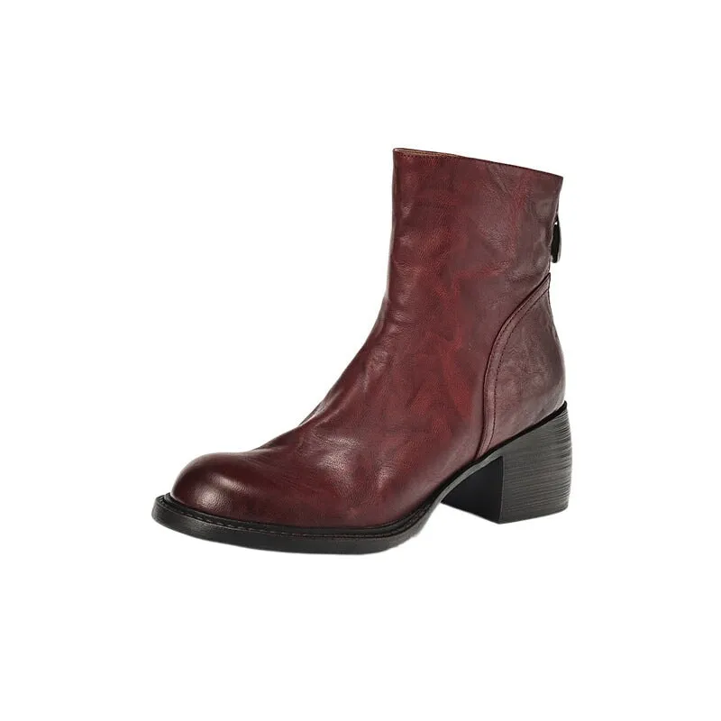 Leather Ankle Boots Comfortable Walking Round Chelsea Boots Back Zip in Red/Black