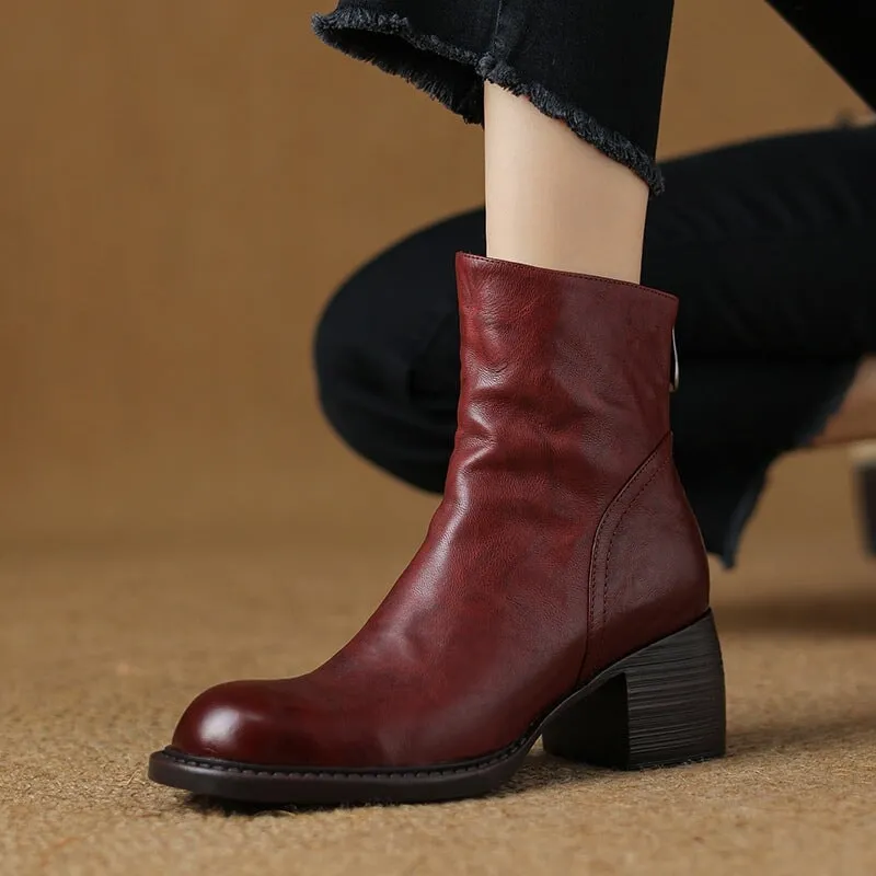 Leather Ankle Boots Comfortable Walking Round Chelsea Boots Back Zip in Red/Black