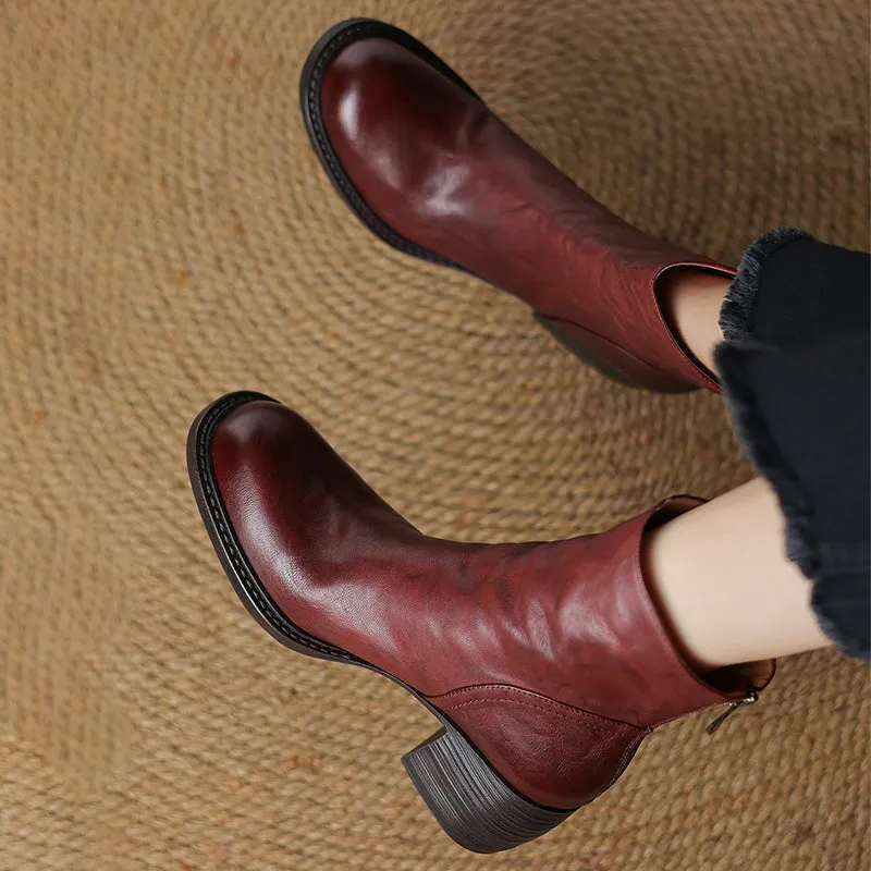 Leather Ankle Boots Comfortable Walking Round Chelsea Boots Back Zip in Red/Black