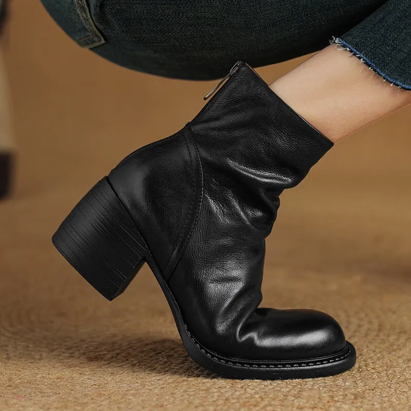 Leather Ankle Boots Comfortable Walking Round Chelsea Boots Back Zip in Red/Black