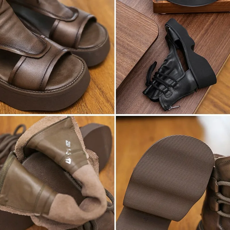 Leather Platform Sandals Boots For Women Peep Toe Gladiator Sandals in Black/Brown/Khaki