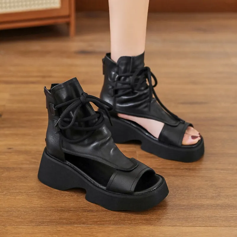 Leather Platform Sandals Boots For Women Peep Toe Gladiator Sandals in Black/Brown/Khaki