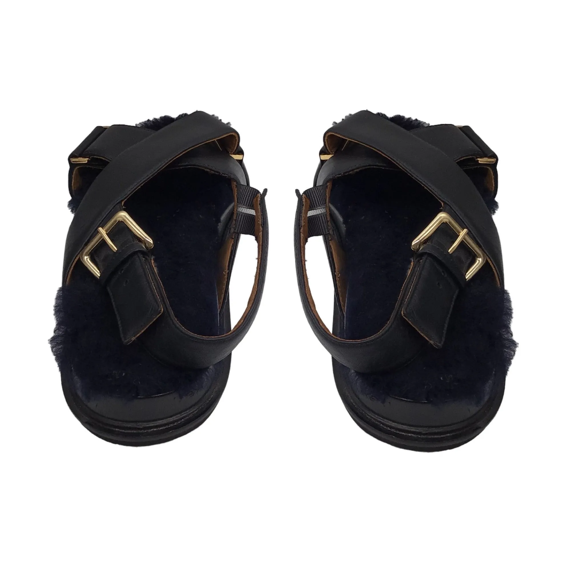 Marni Black Fussbett Shearling Lined Cross Strap Leather Slingback Sandals