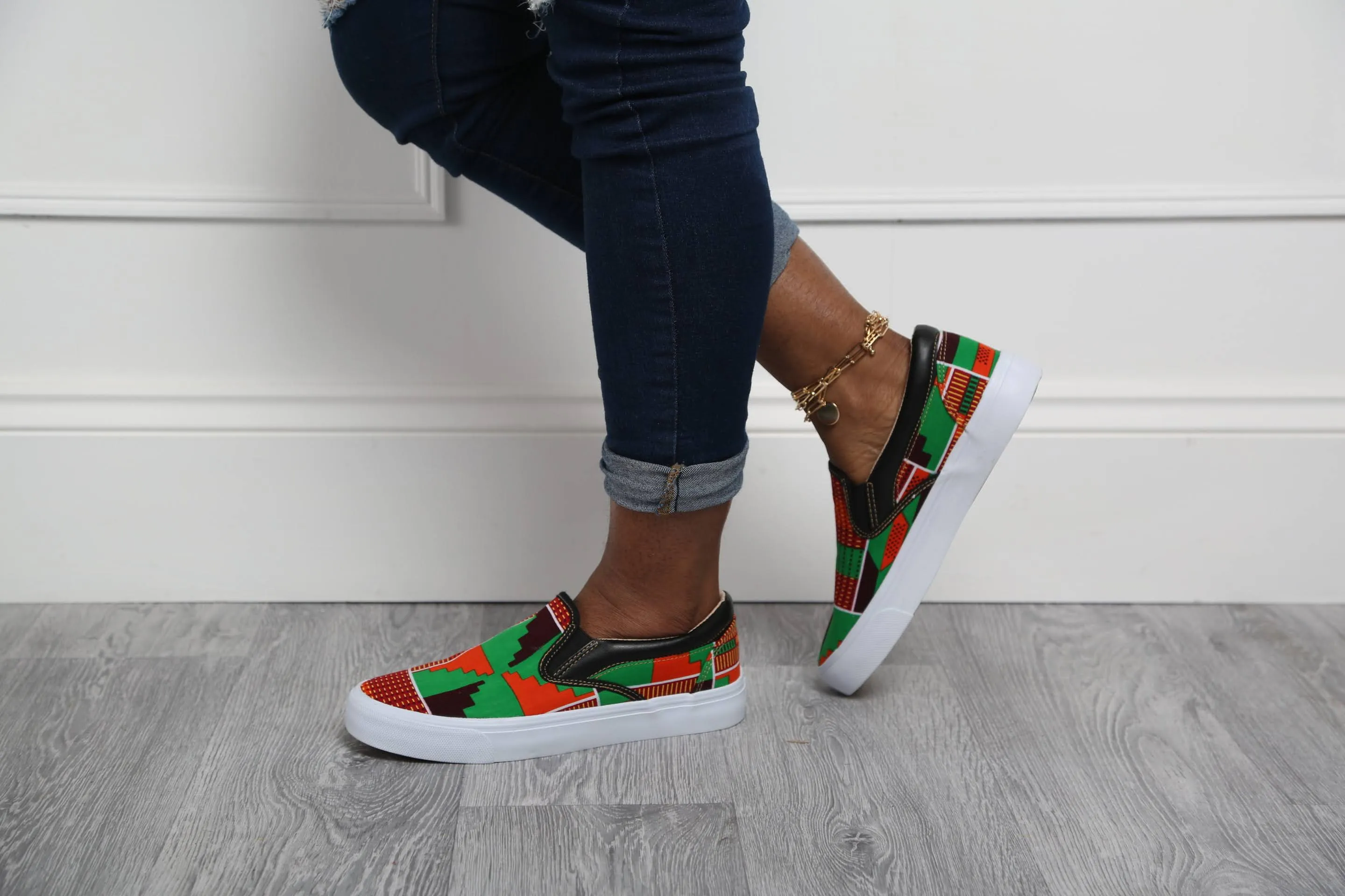 Men's African Slip On Sneakers | LAVIYE Green Kente Sneakers - ACCRA