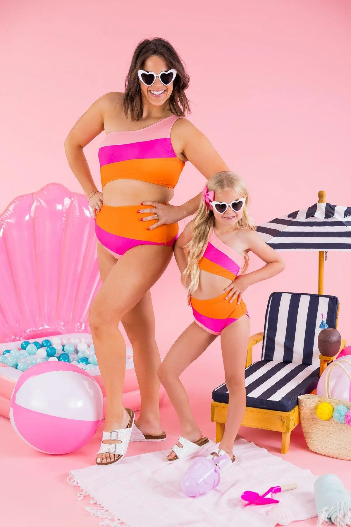 Mom & Me - Pink & Orange Striped Swimsuit