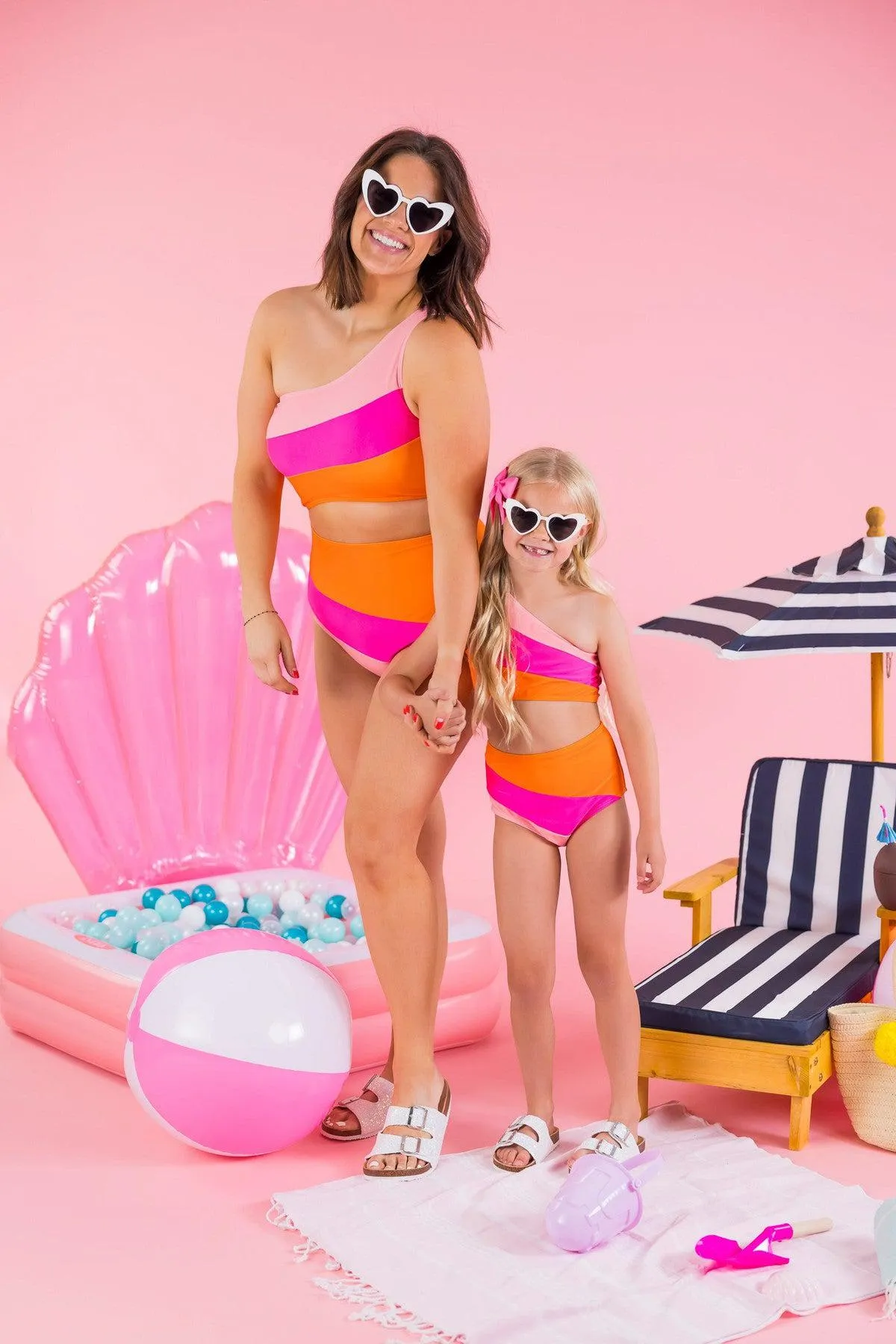 Mom & Me - Pink & Orange Striped Swimsuit