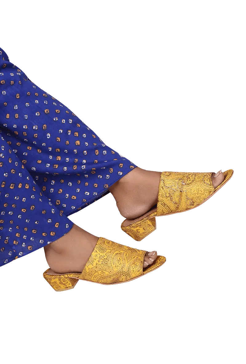 Mustard Yellow Brocade Block Heels