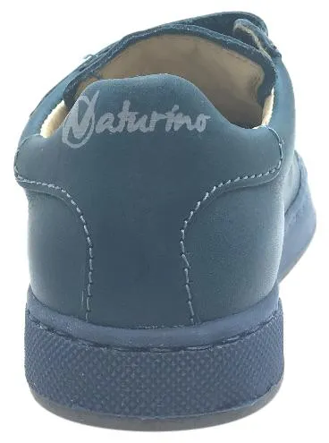 Naturino Boy's and Girl's 9102 Solid Colored Blue Perforated Leather Double Hook and Loop Sneakers