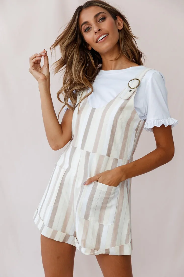 Neverland Buckle Strap Overalls Romper Stripe Print Beige