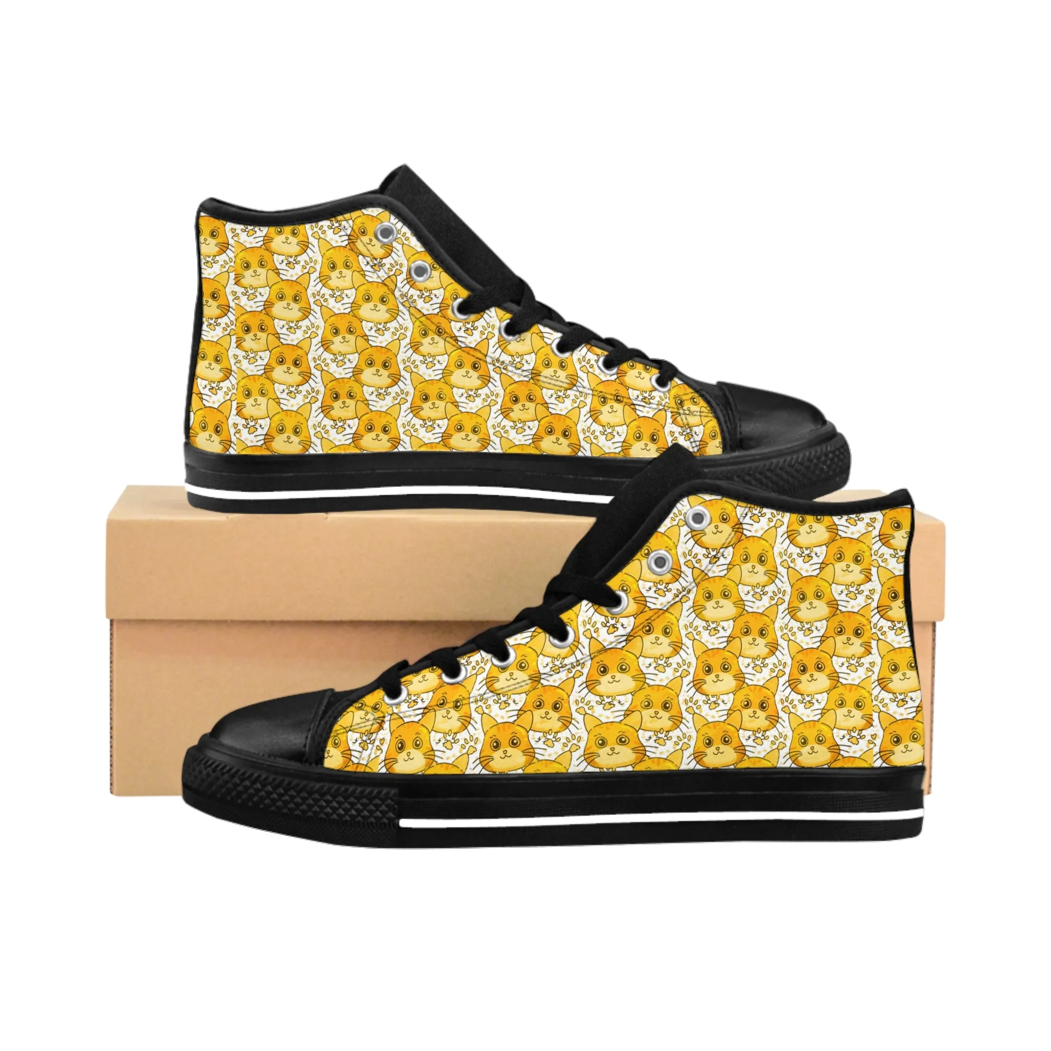 Orange Cute Cat Pattern Women's Classic Sneakers