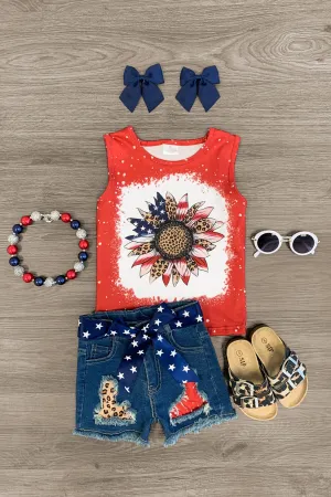 Patriotic Sunflower Paint Splatter Short Set