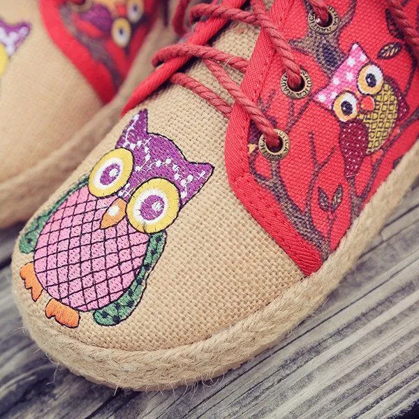 Pattern Owl Cute Colorful Cloth Lace Up Shoes