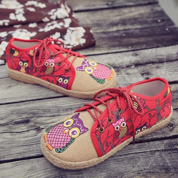 Pattern Owl Cute Colorful Cloth Lace Up Shoes