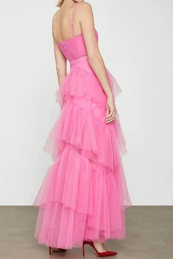 Princess A-line Hot Pink Tiered Tulle Long Prom Dress Evening Dress PSK312